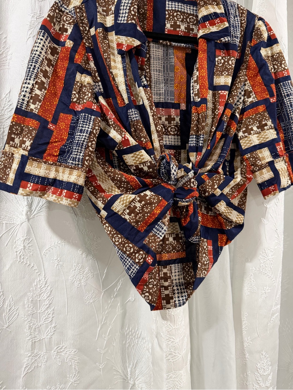 Tie-Front Printed Women’s Blouse in Brown and Navy